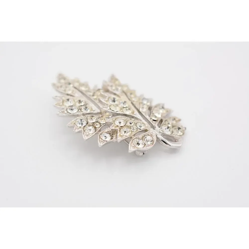 Ora Vintage Crystal Leaf Pin Brooch Rhinestone Silver Sparkling Signed 40s Bin5A